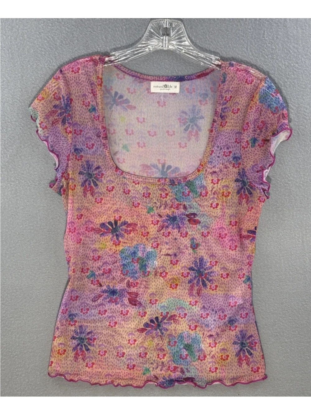 Natural Life Sheer Mesh Top Patchwork Floral Print Ruffles Lettuce Edge Trim M